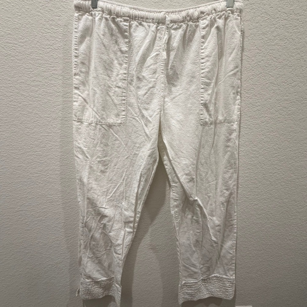 Eucalyptus White Cotton Linen Drawstring Tapered Pants XL Guatemala Handmade